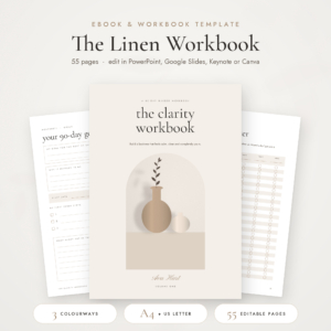 Linen ebook and workbook template hero, 55 editable pages