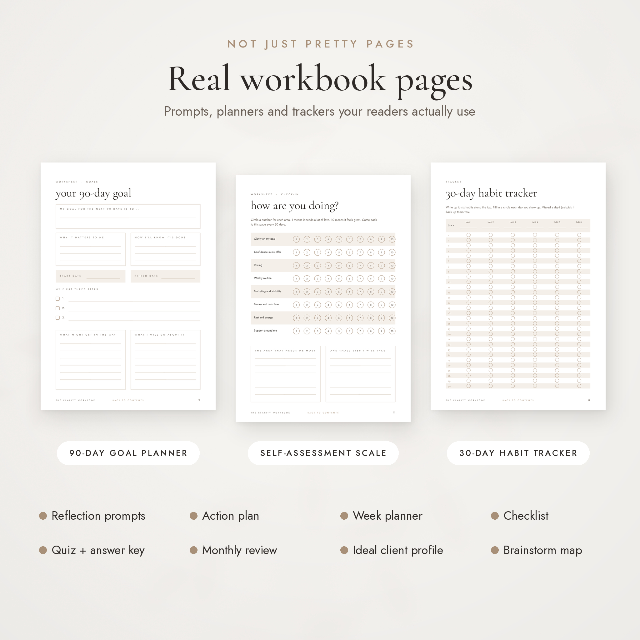 Real workbook pages: goal planner, self-assessment, habit tracker