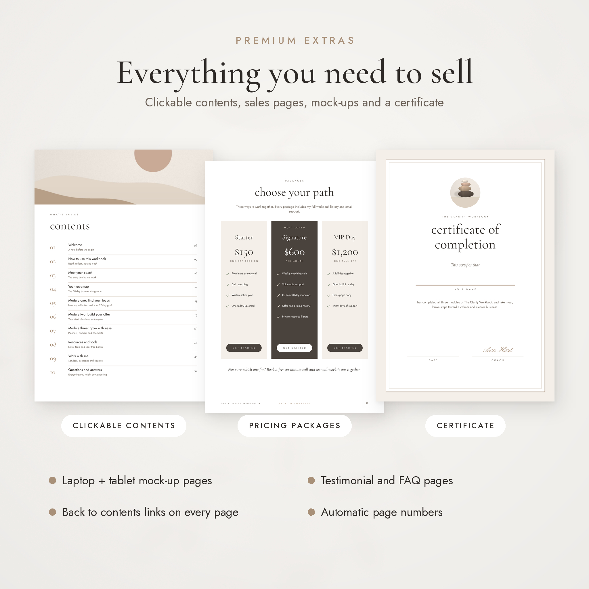 Premium extras: clickable contents, pricing packages, certificate