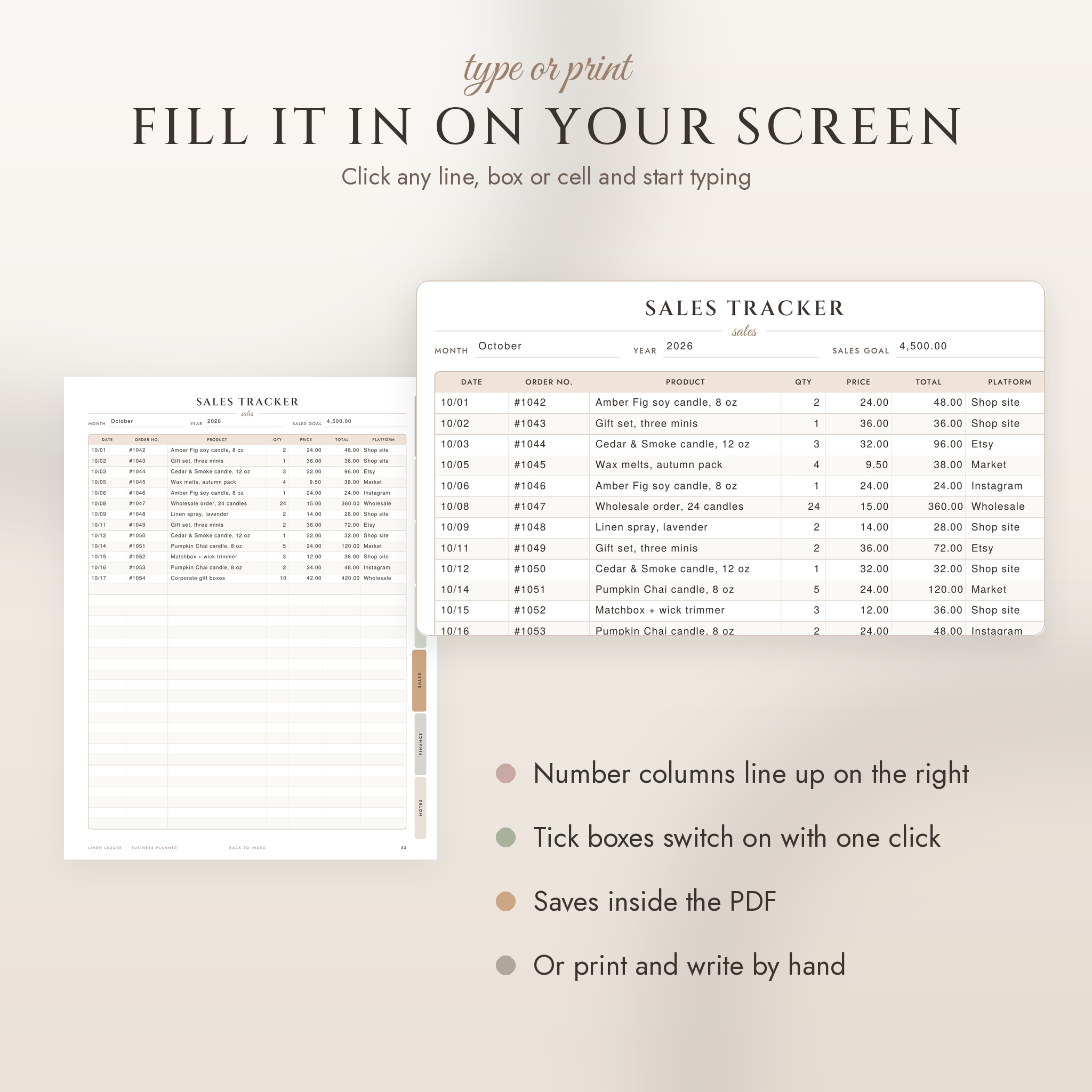 Fillable sales tracker page typed on screen