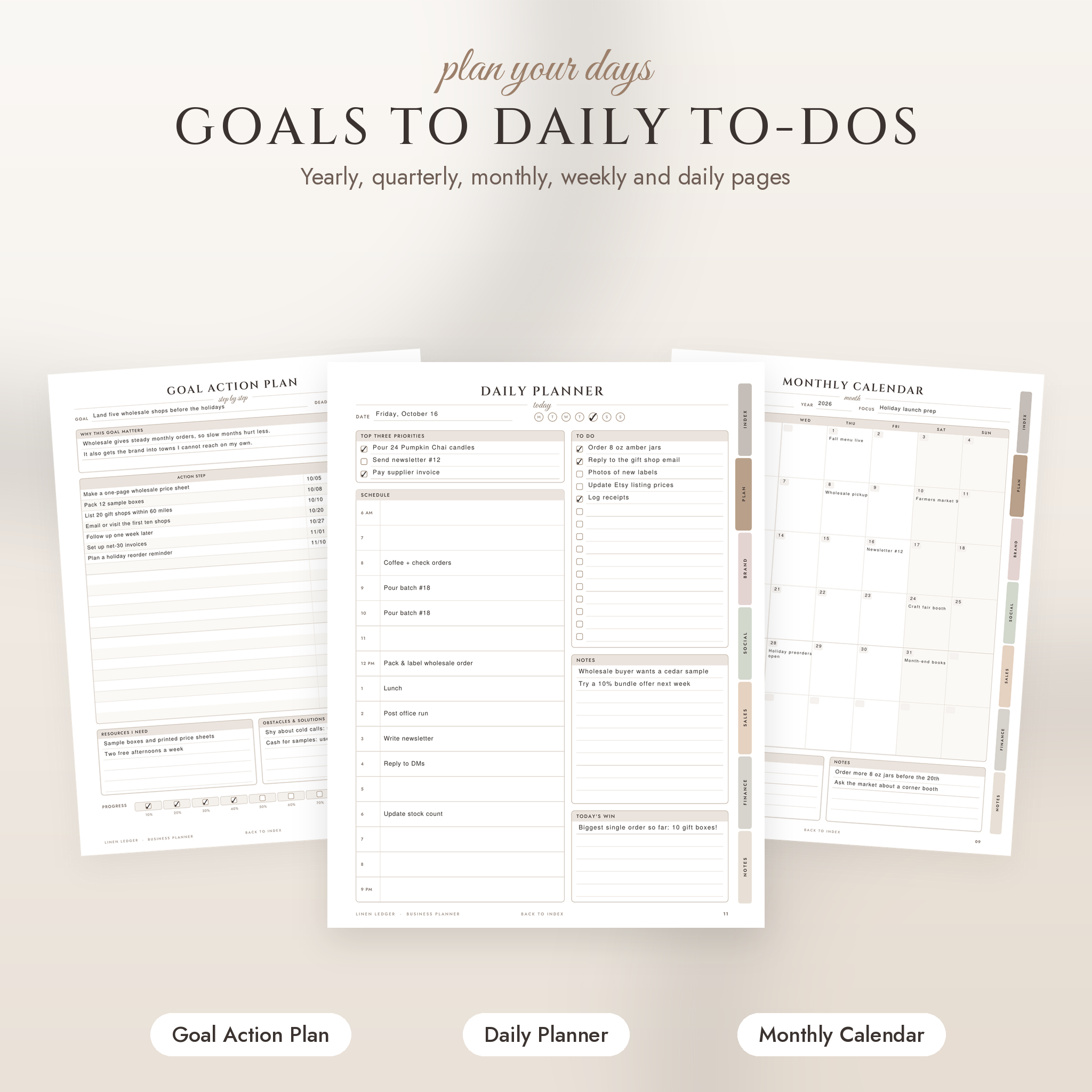 Goal action plan, daily planner and monthly calendar pages