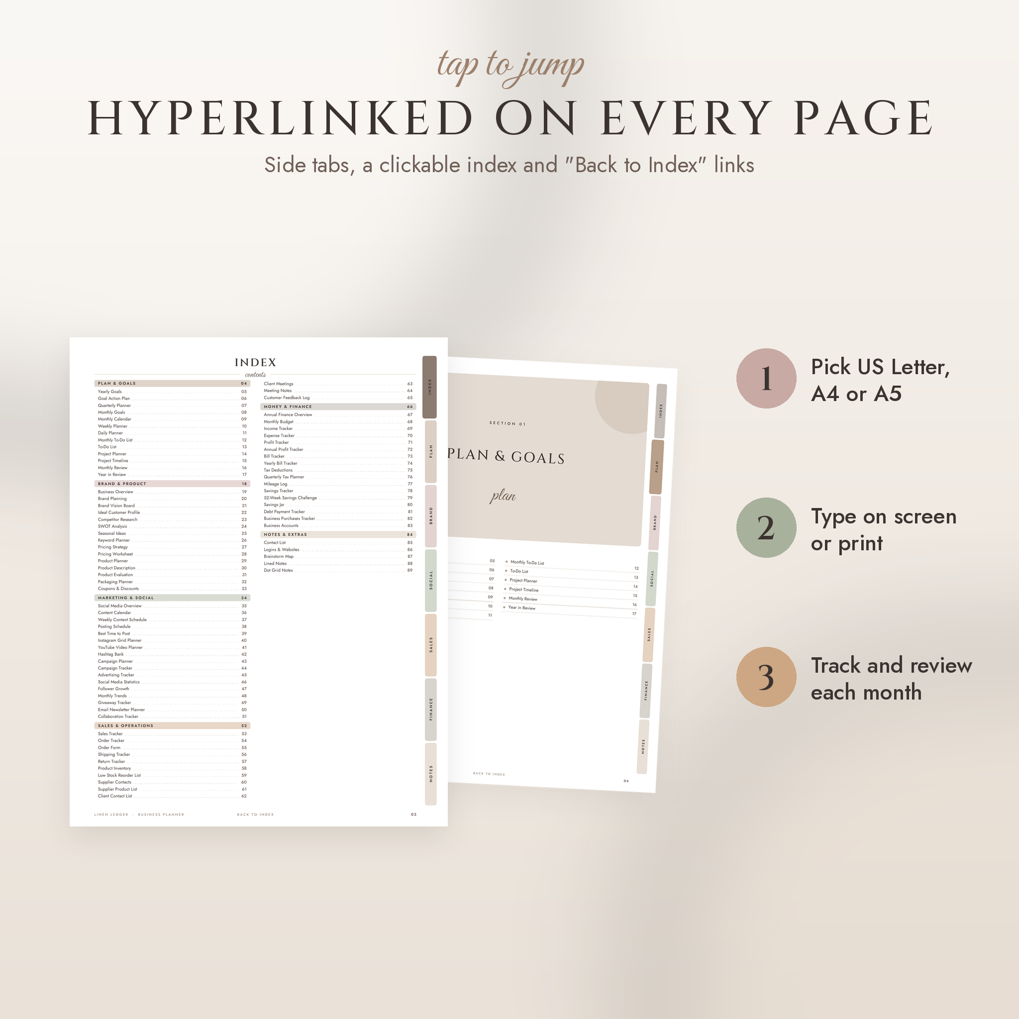 Hyperlinked index and section tabs