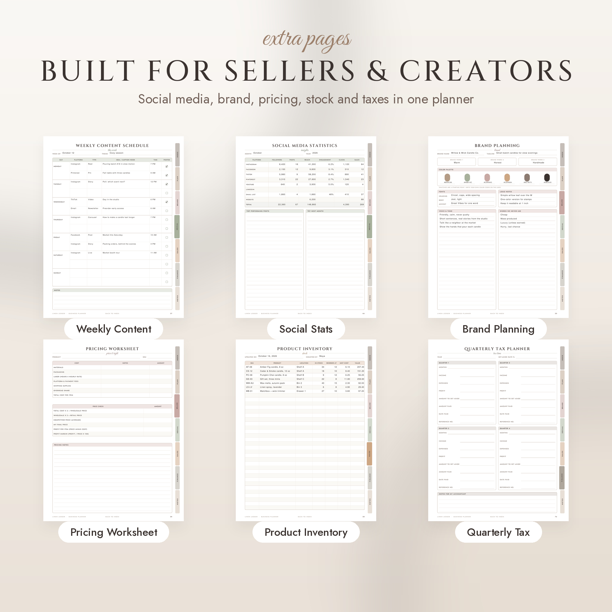Social media, brand, pricing, inventory and quarterly tax pages