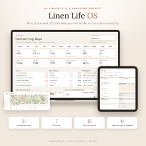 Linen Life OS all-in-one life planner spreadsheet dashboard on a laptop
