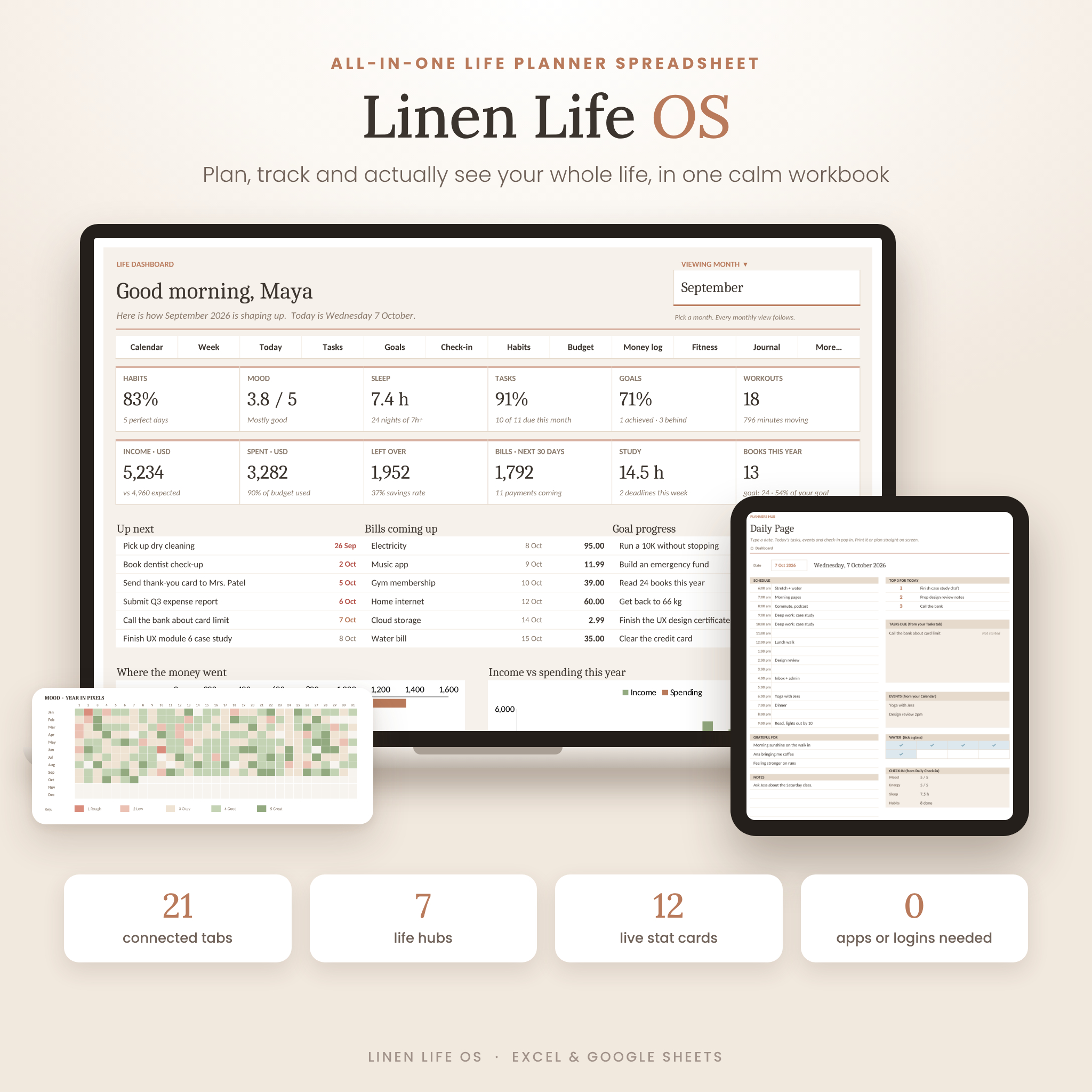 Linen Life OS all-in-one life planner spreadsheet dashboard on a laptop