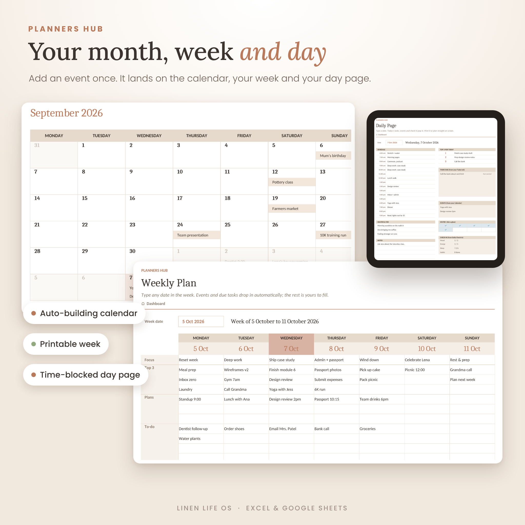 Monthly calendar, weekly plan and daily page planners