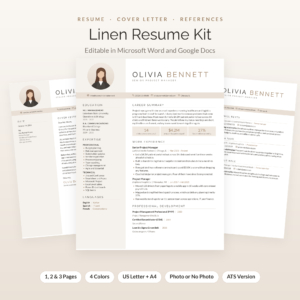 Linen Resume Kit resume template with photo, cover letter and references for Word and Google Docs