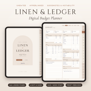 Linen & Ledger digital budget planner on iPad, cover and filled monthly budget