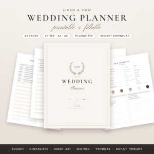 Linen & Vow printable wedding planner cover with budget, guest list and timeline pages