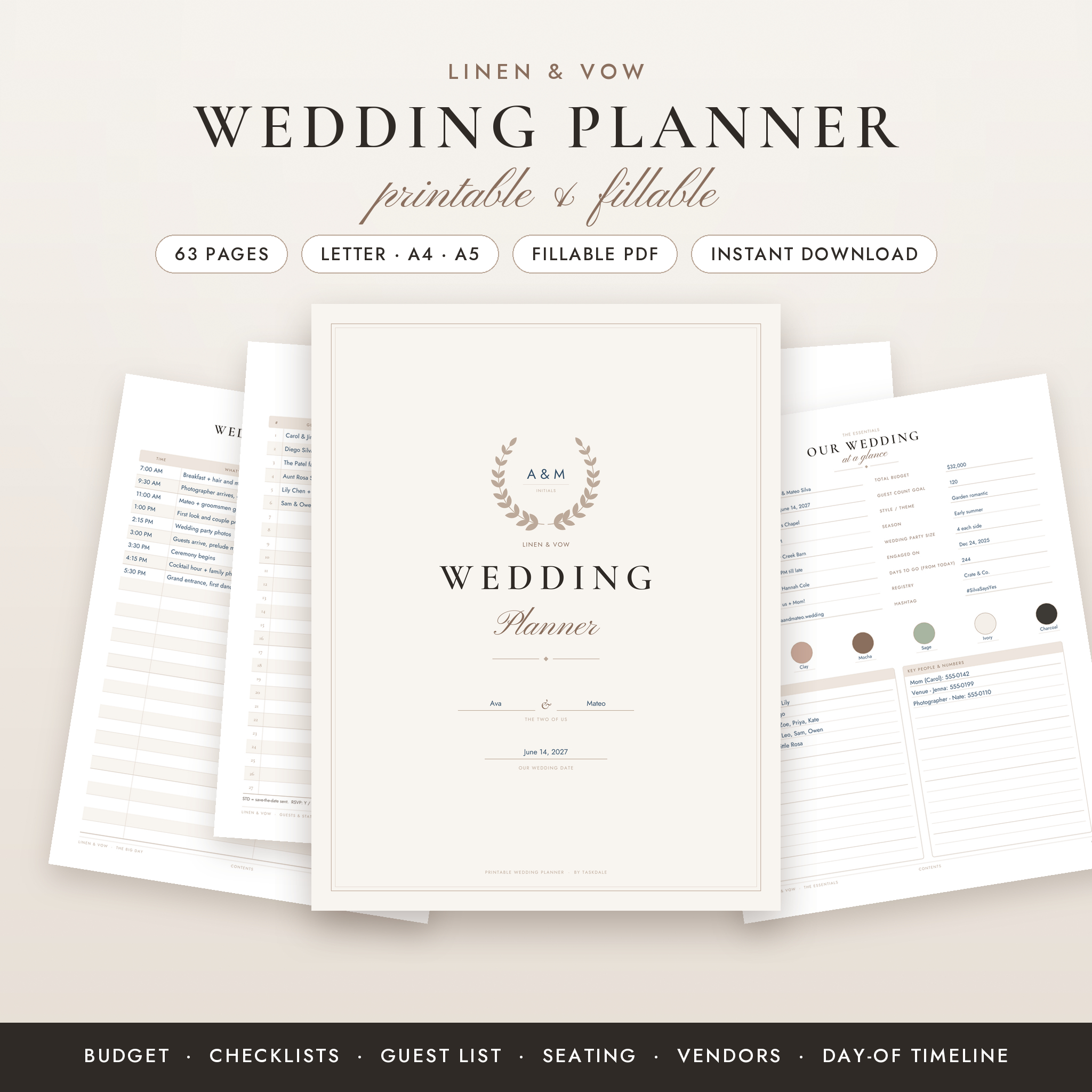 Linen & Vow printable wedding planner cover with budget, guest list and timeline pages