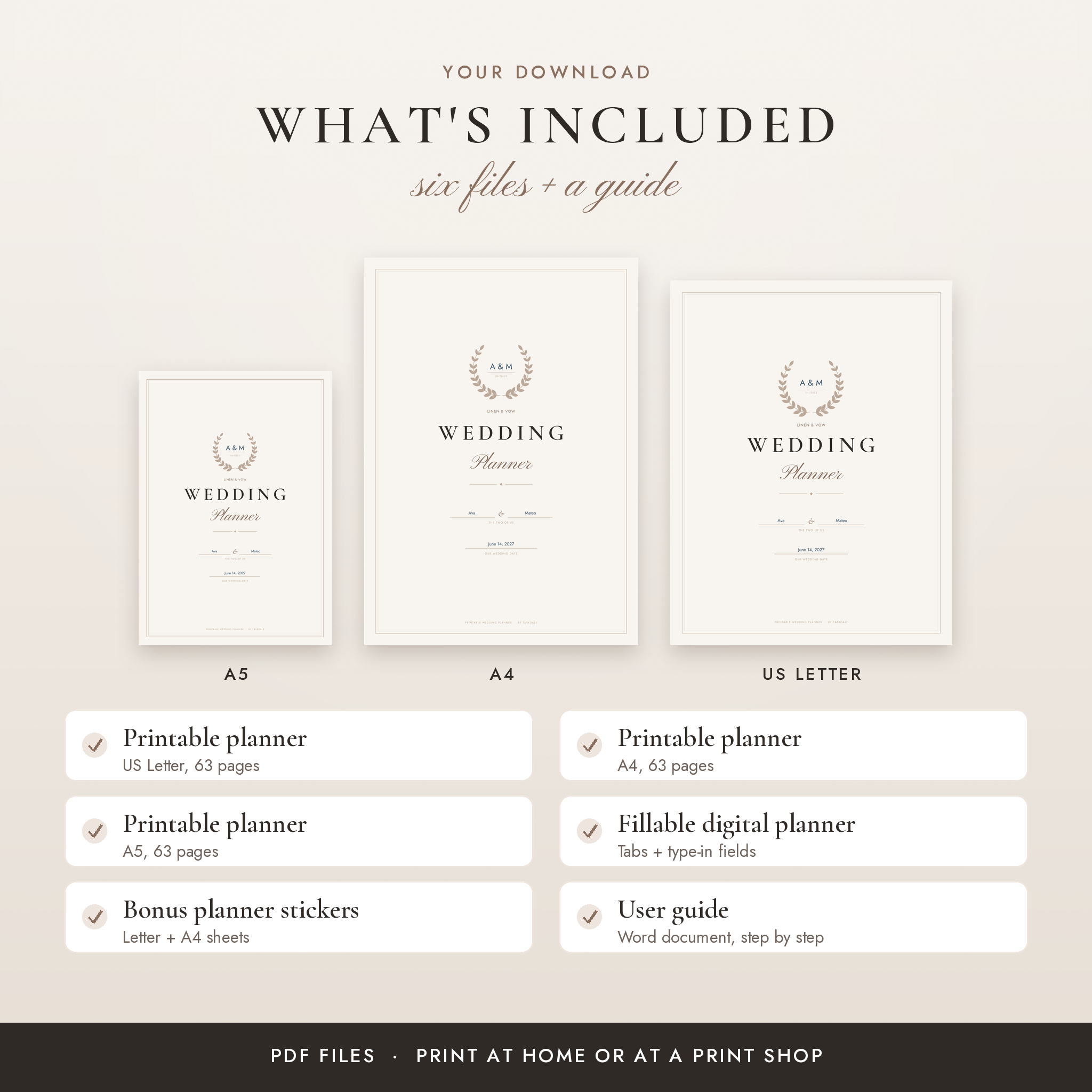 What's included: printable wedding planner in A5, A4 and US Letter plus fillable PDF, stickers and guide