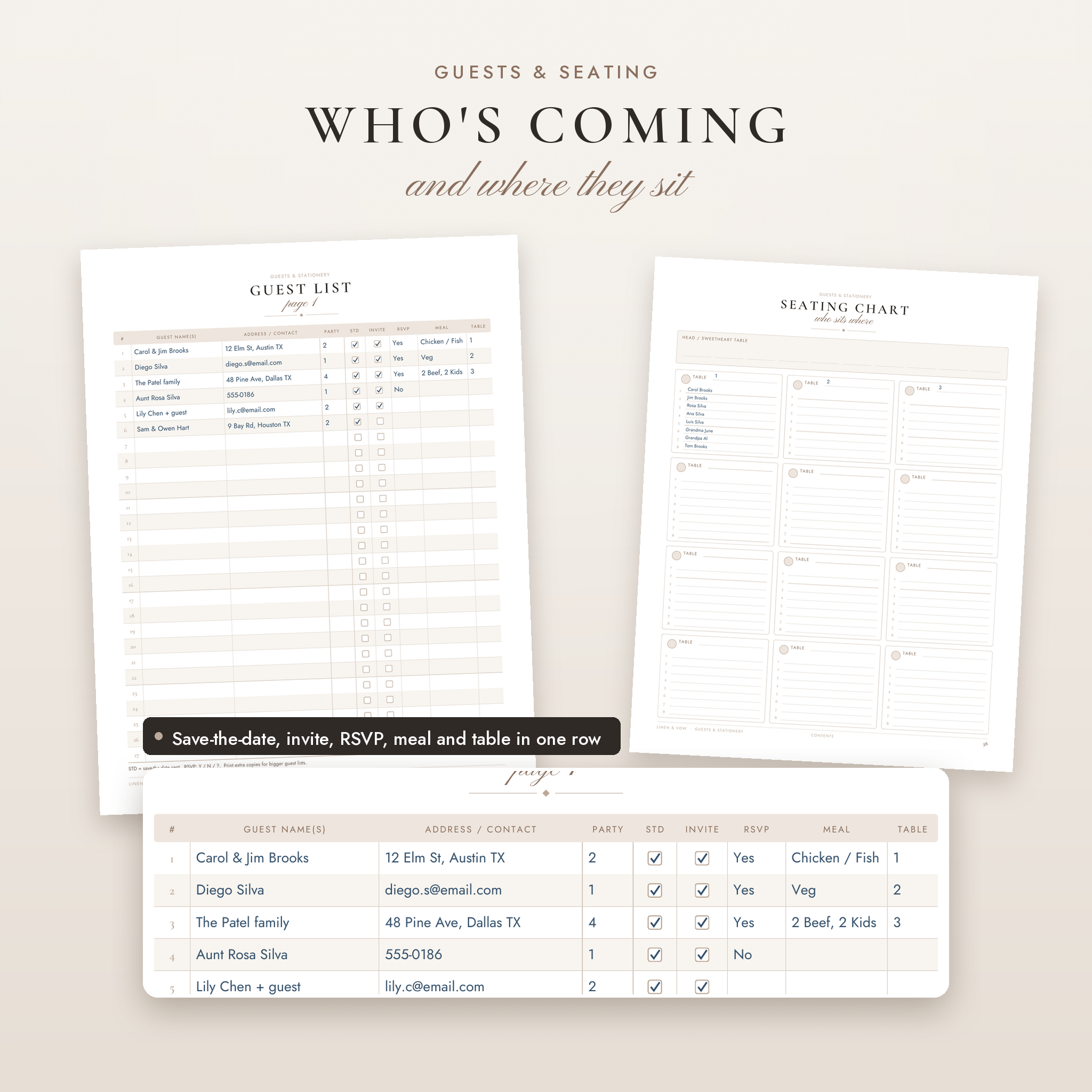 Wedding guest list with RSVP, meal and table columns next to a 12-table seating chart
