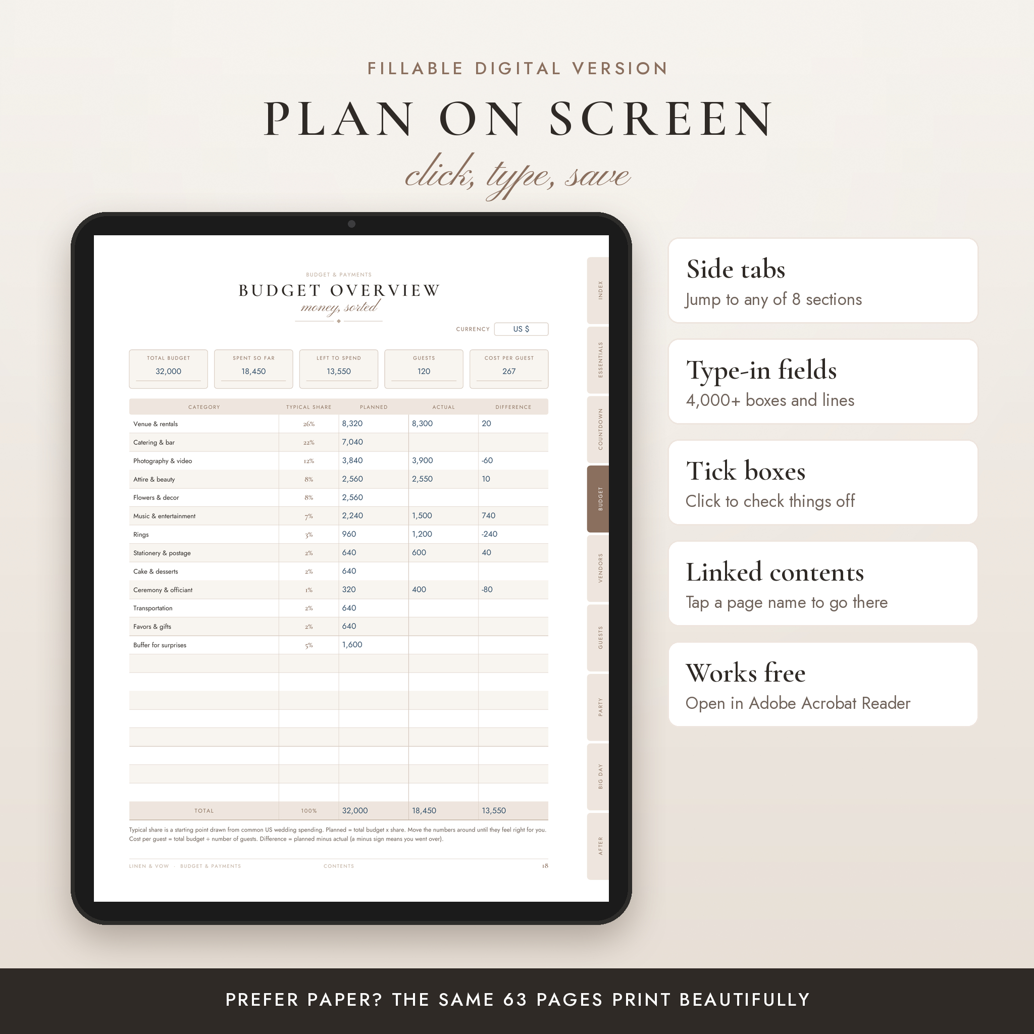 Fillable digital wedding planner on a tablet with clickable side tabs