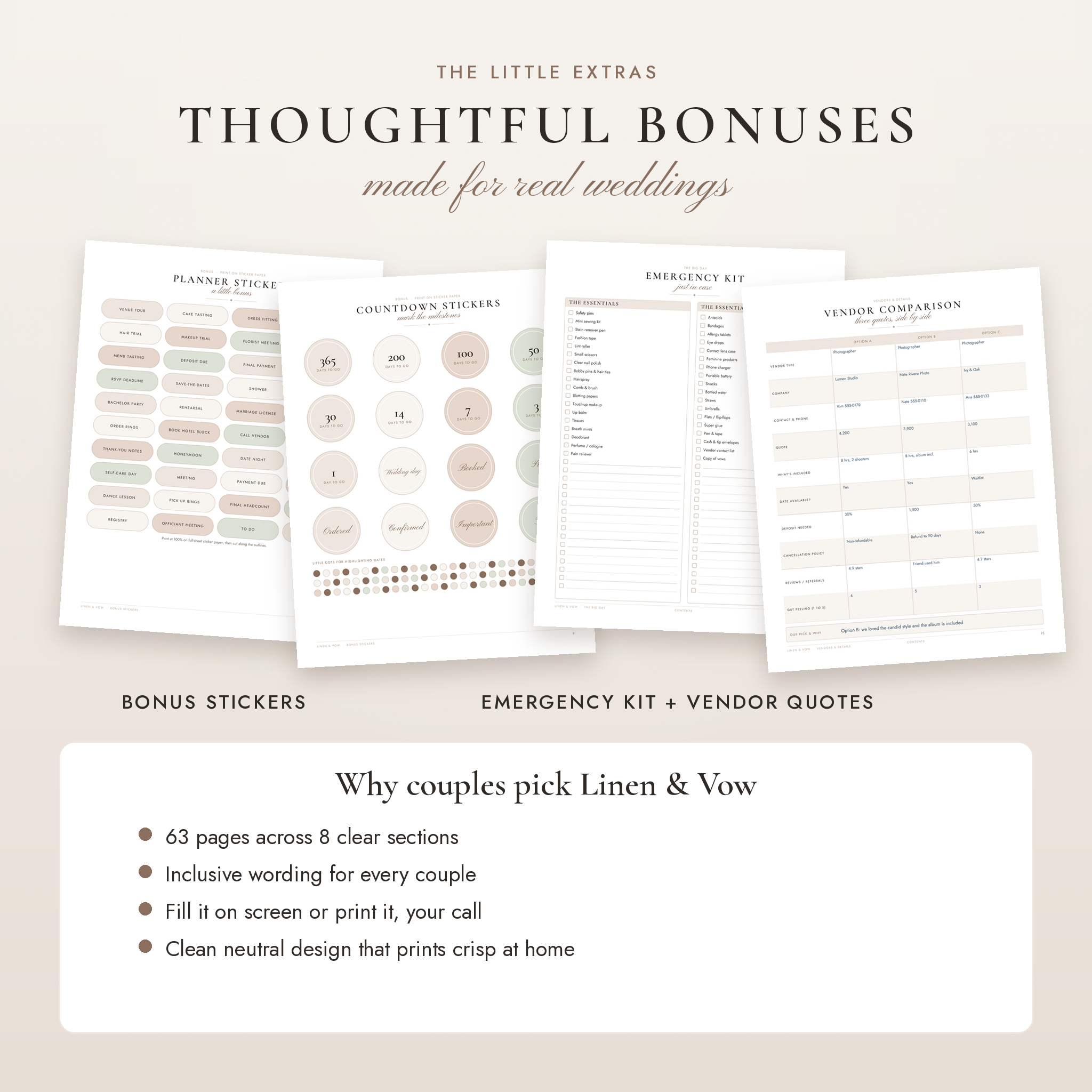 Bonus planner stickers, emergency kit checklist and vendor comparison pages