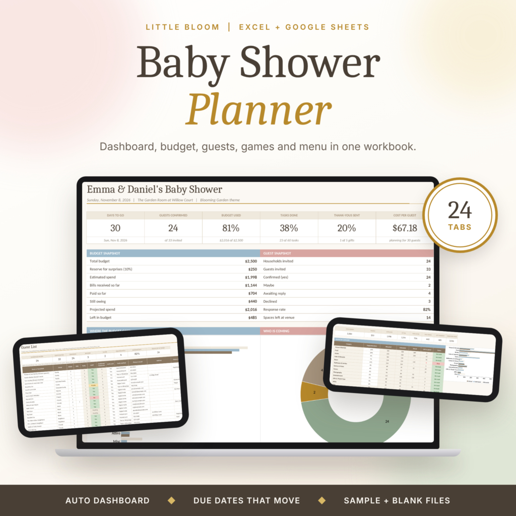 Little Bloom Baby Shower Planner spreadsheet shown on a laptop and tablet, 24 tabs for Excel and Google Sheets