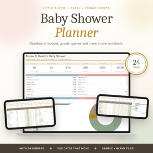 Little Bloom Baby Shower Planner spreadsheet shown on a laptop and tablet, 24 tabs for Excel and Google Sheets