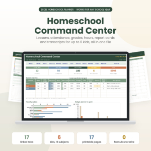 Homeschool planner spreadsheet dashboard on a laptop with printable pages