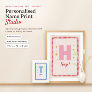 Personalised name print studio hero with framed pink striped Hazel initial print