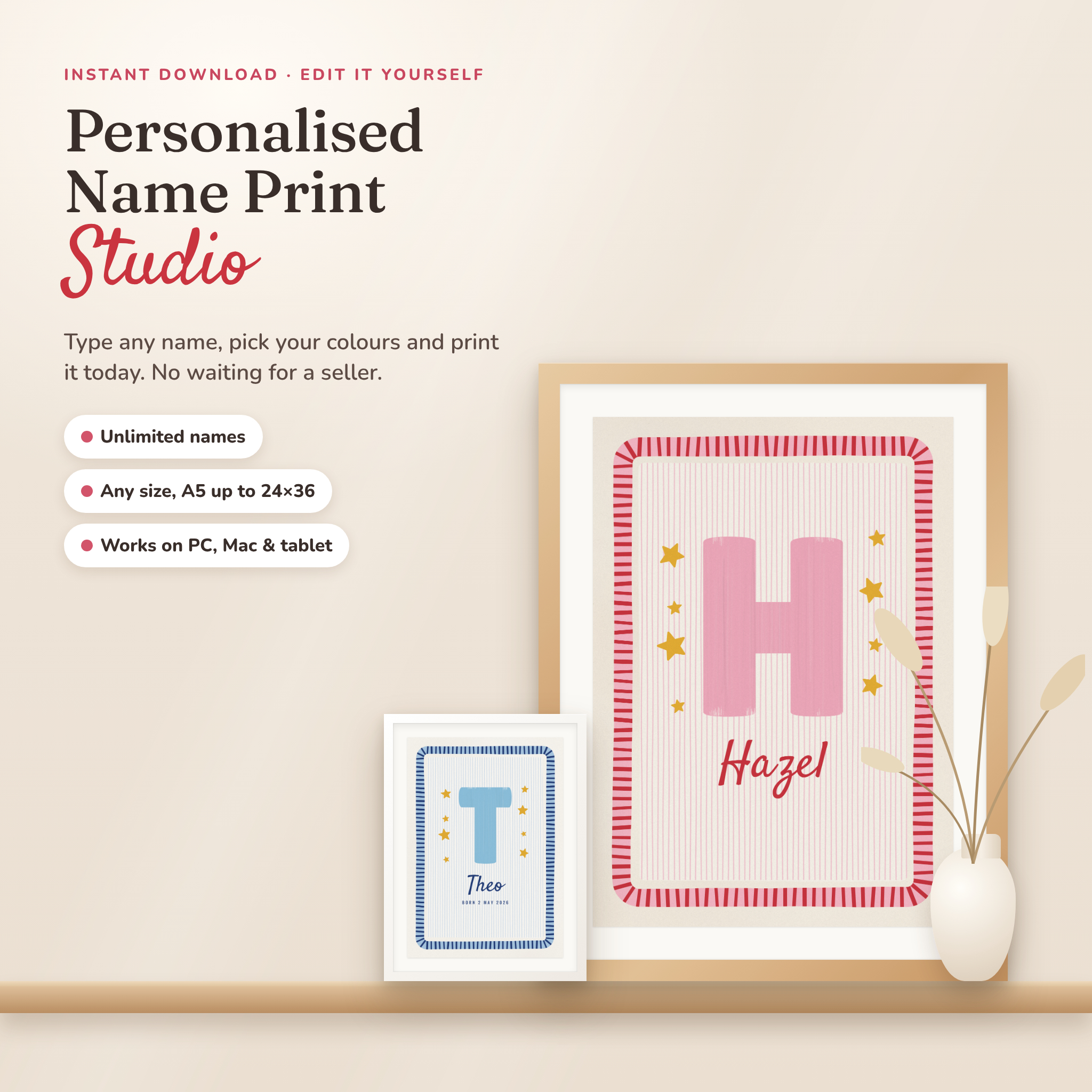 Personalised name print studio hero with framed pink striped Hazel initial print