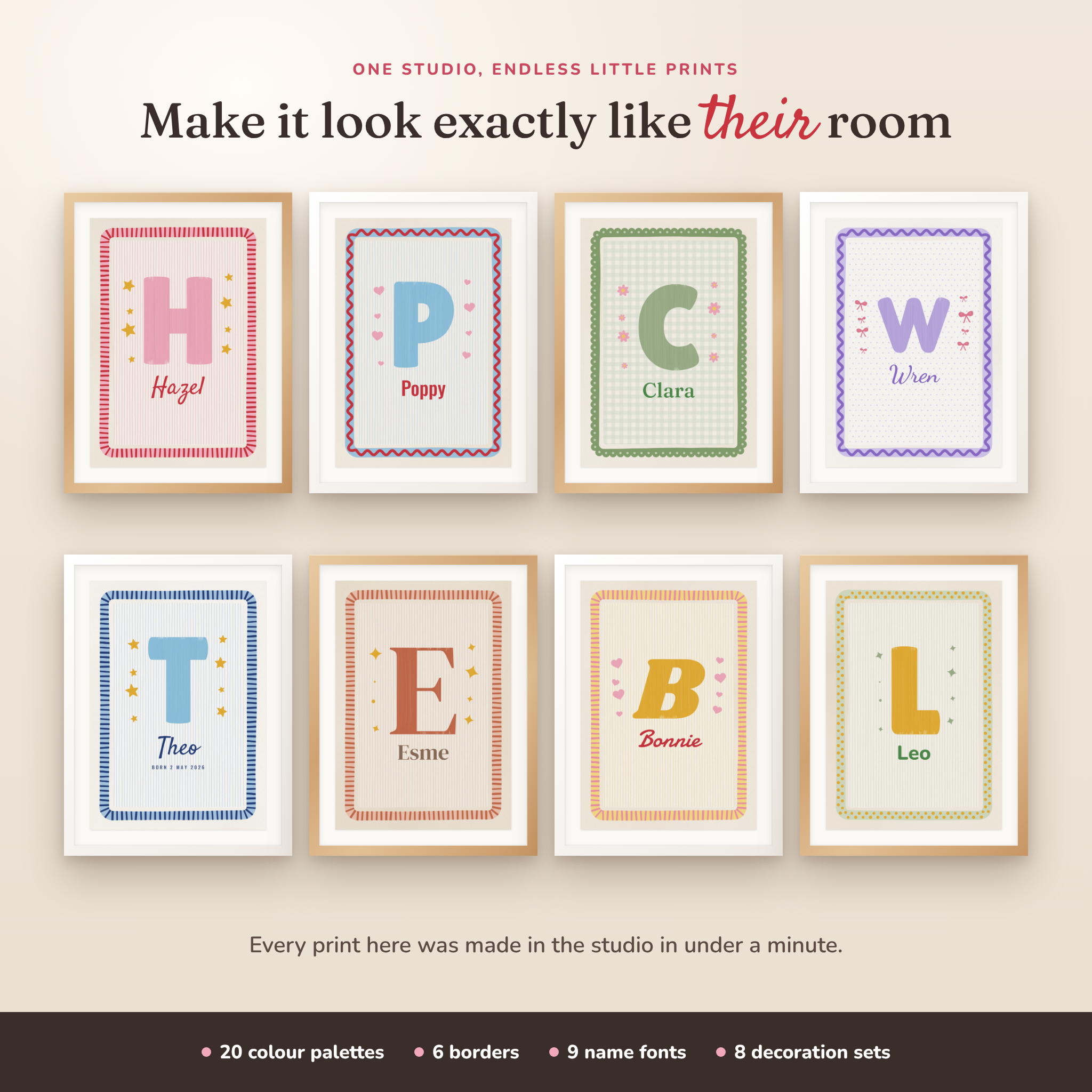 Eight personalised initial name prints in different colours and borders