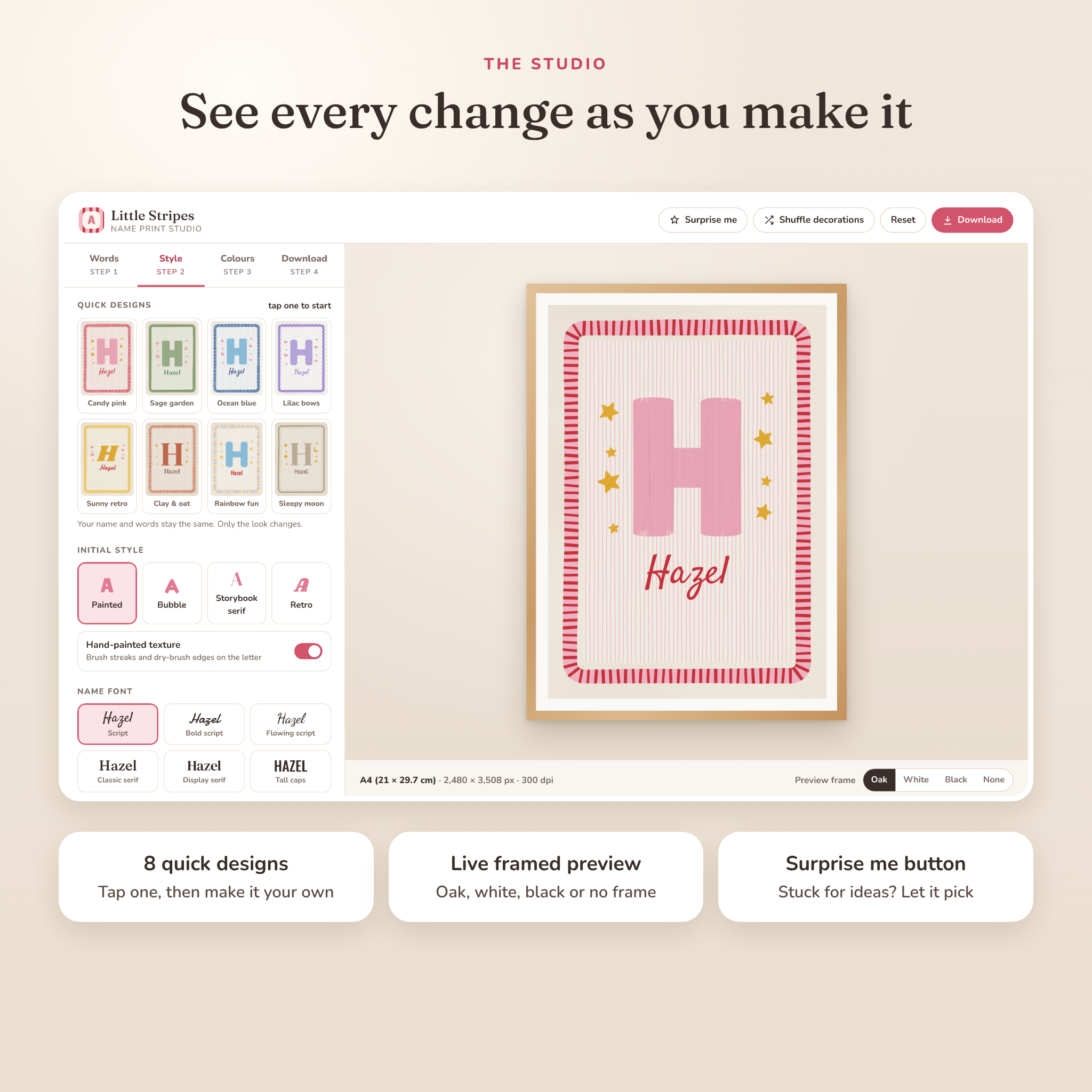 Name print studio interface with quick designs and live framed preview