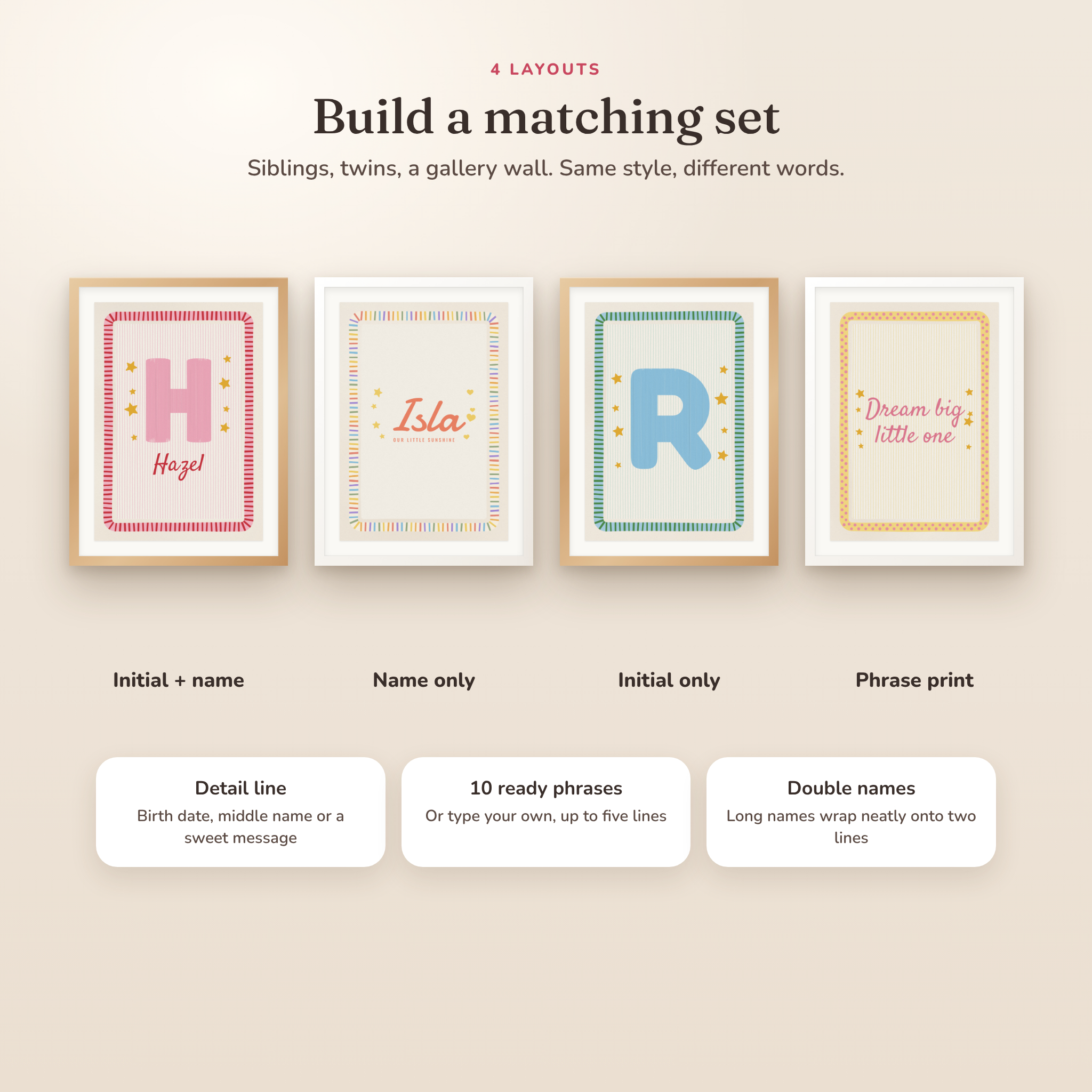 Four layouts: initial and name, name only, initial only and phrase print