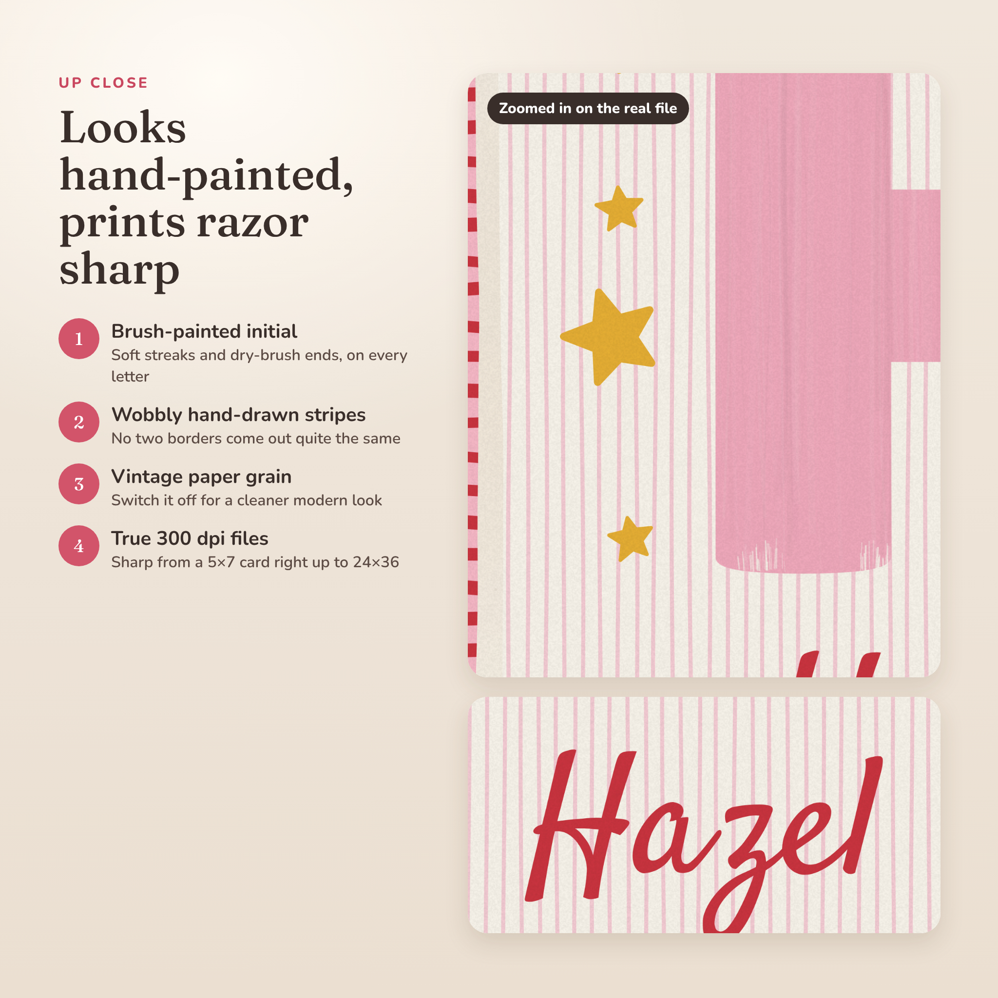 Close up of hand-painted initial texture, striped border and script name