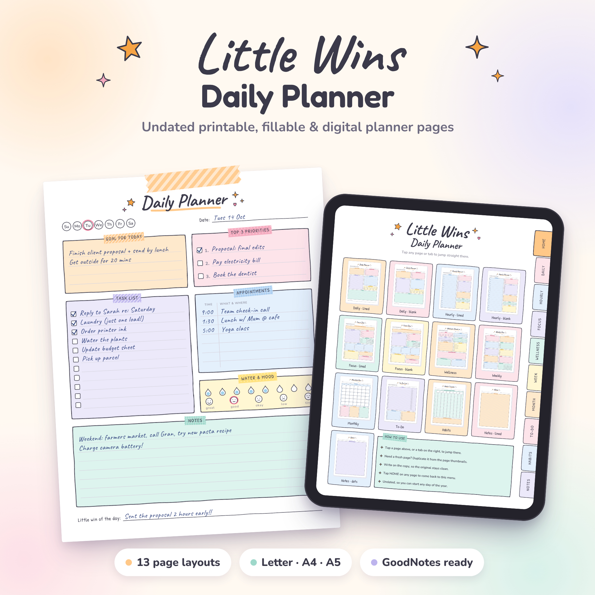 Little Wins undated daily planner printable and digital GoodNotes planner on iPad