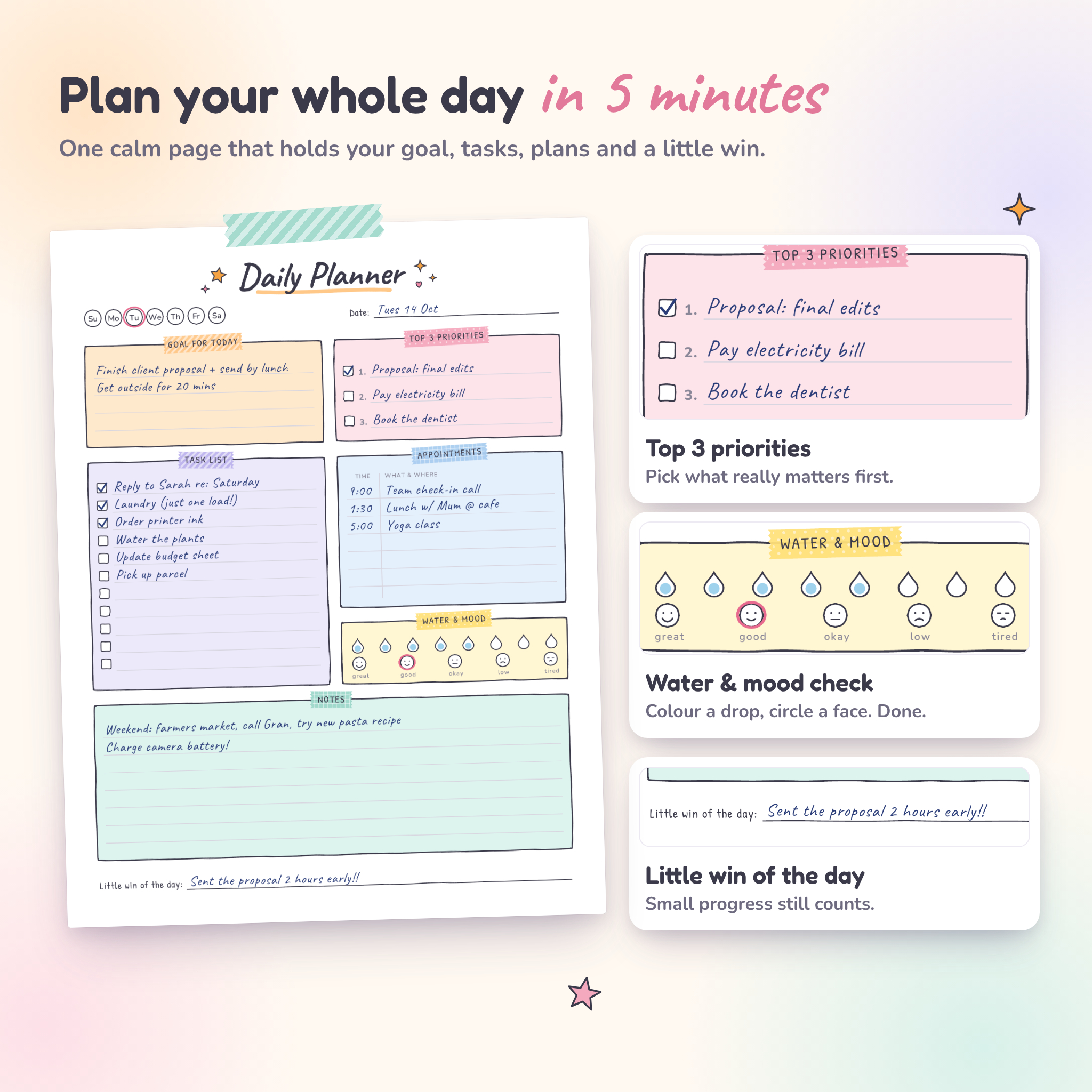 Daily planner page with top 3 priorities, water and mood tracker and little win of the day