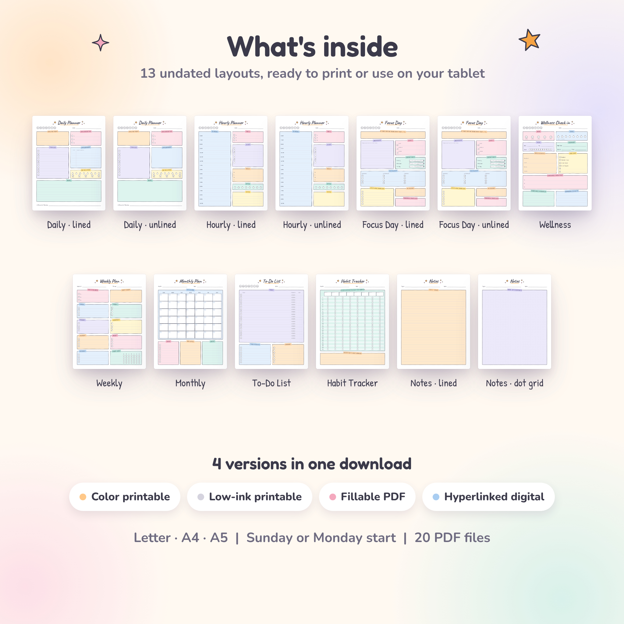 What is included: 13 undated planner page layouts in 4 versions