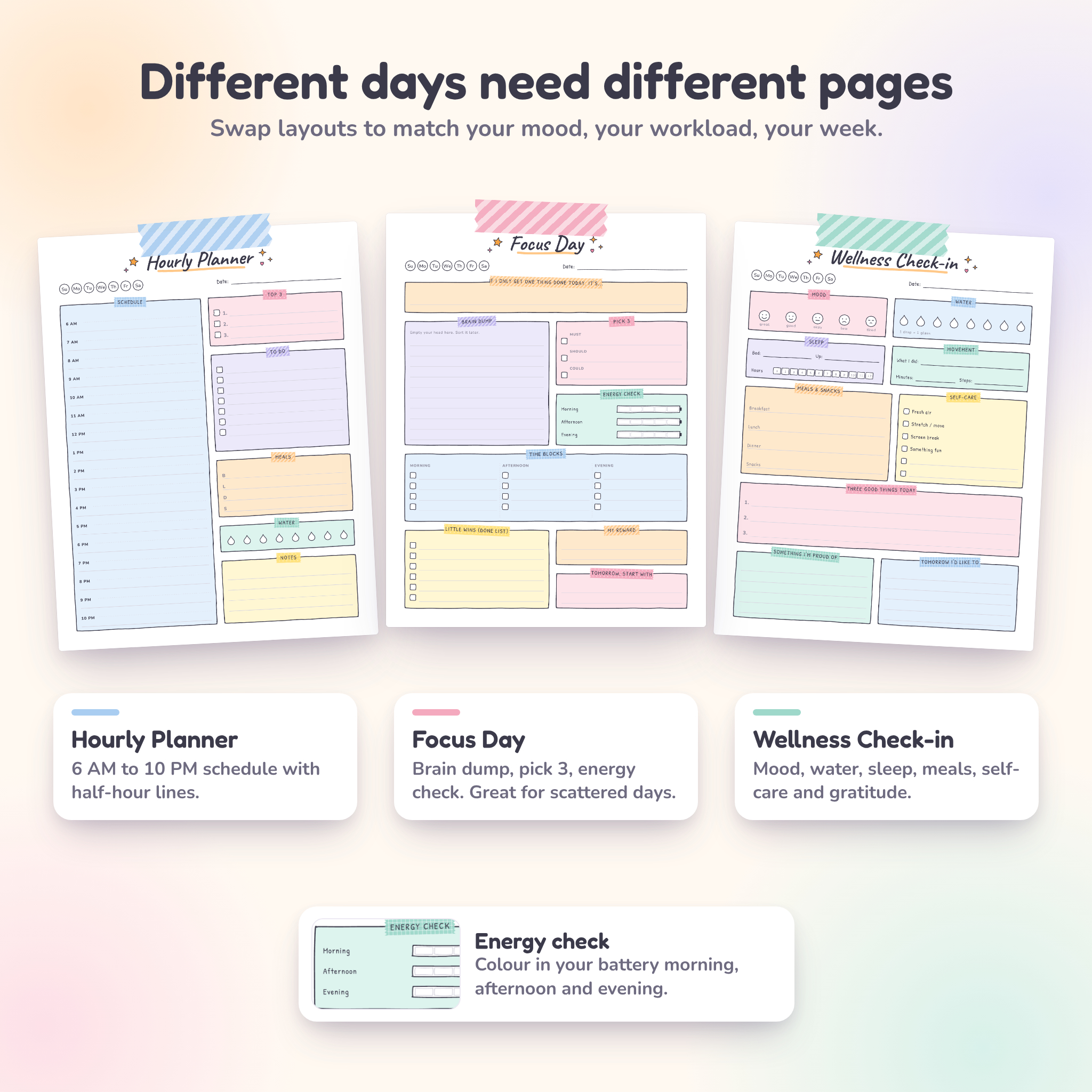 Hourly planner, Focus Day and Wellness check-in planner pages