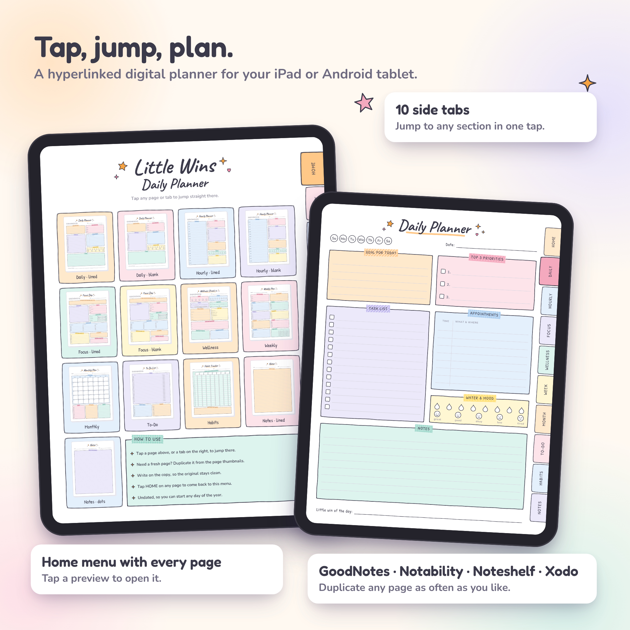 Hyperlinked digital planner with side tabs for GoodNotes and Notability