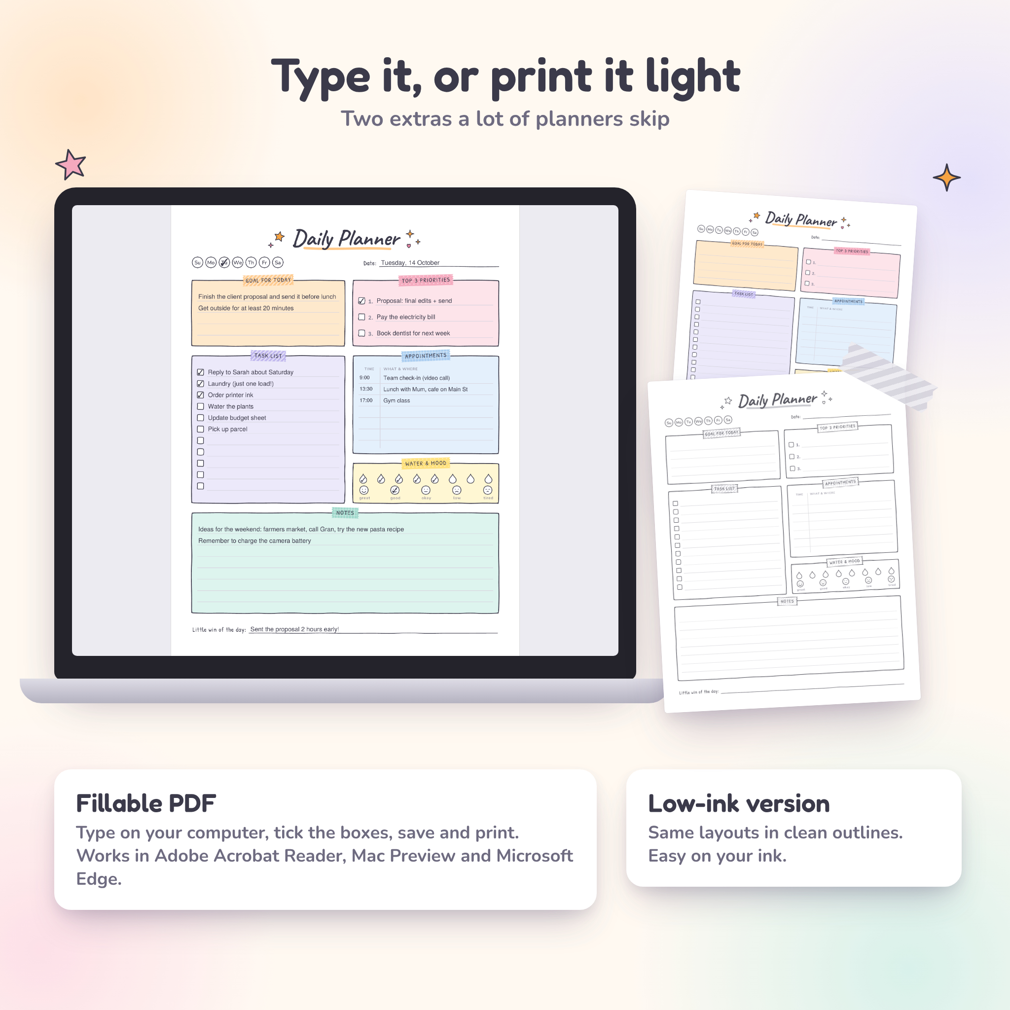 Fillable PDF daily planner and low-ink printable version