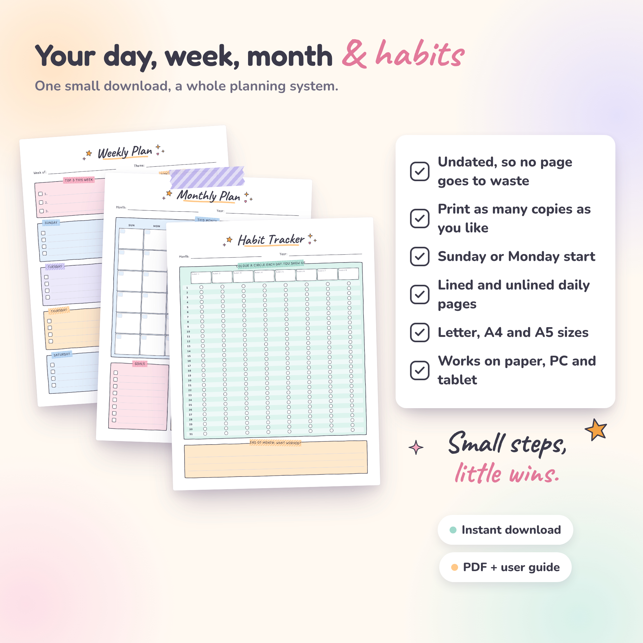 Weekly plan, monthly plan and habit tracker printable pages