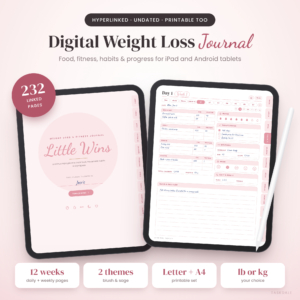 Little Wins digital weight loss journal on iPad with cover and daily page