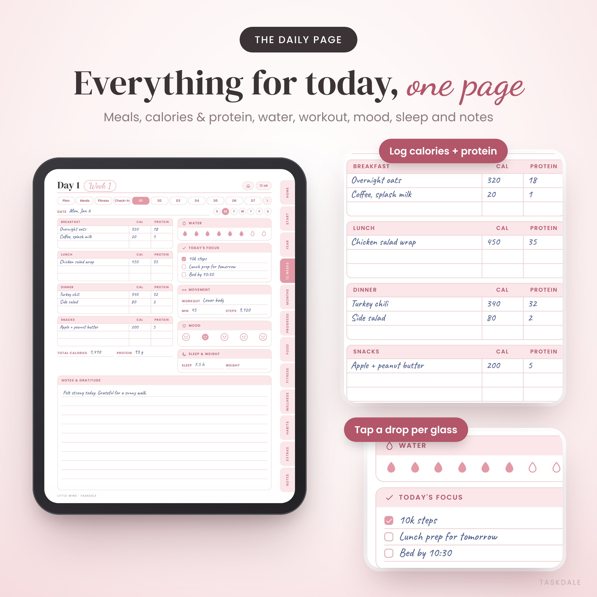 Daily weight loss journal page with calorie, protein, water and mood tracking