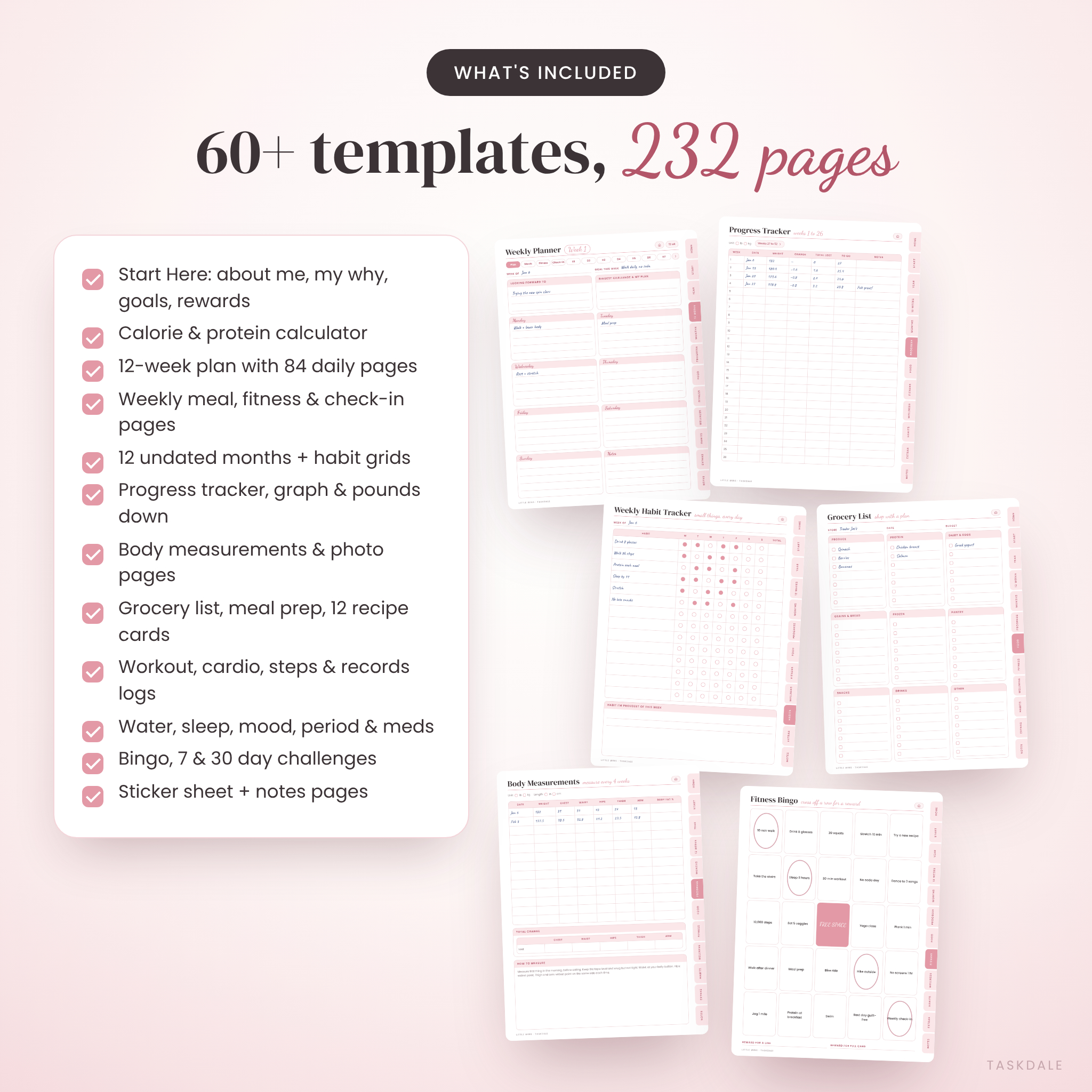 What's included in the weight loss and fitness journal: 60+ templates