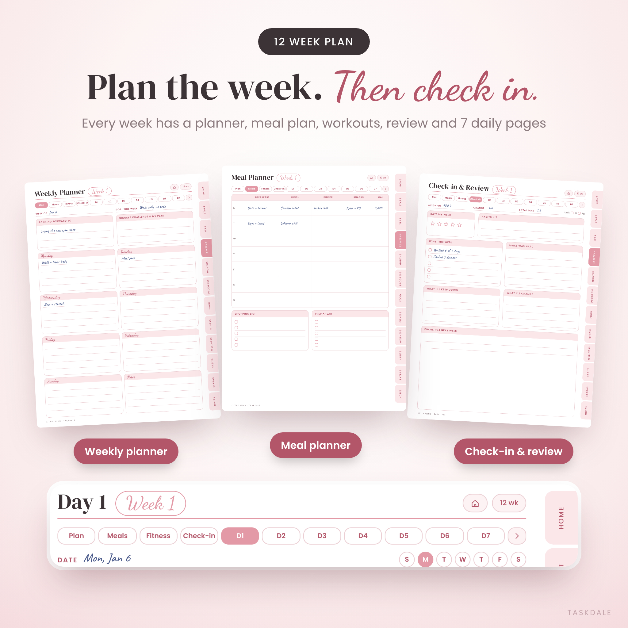 12 week weight loss plan with weekly planner, meal planner and check-in pages