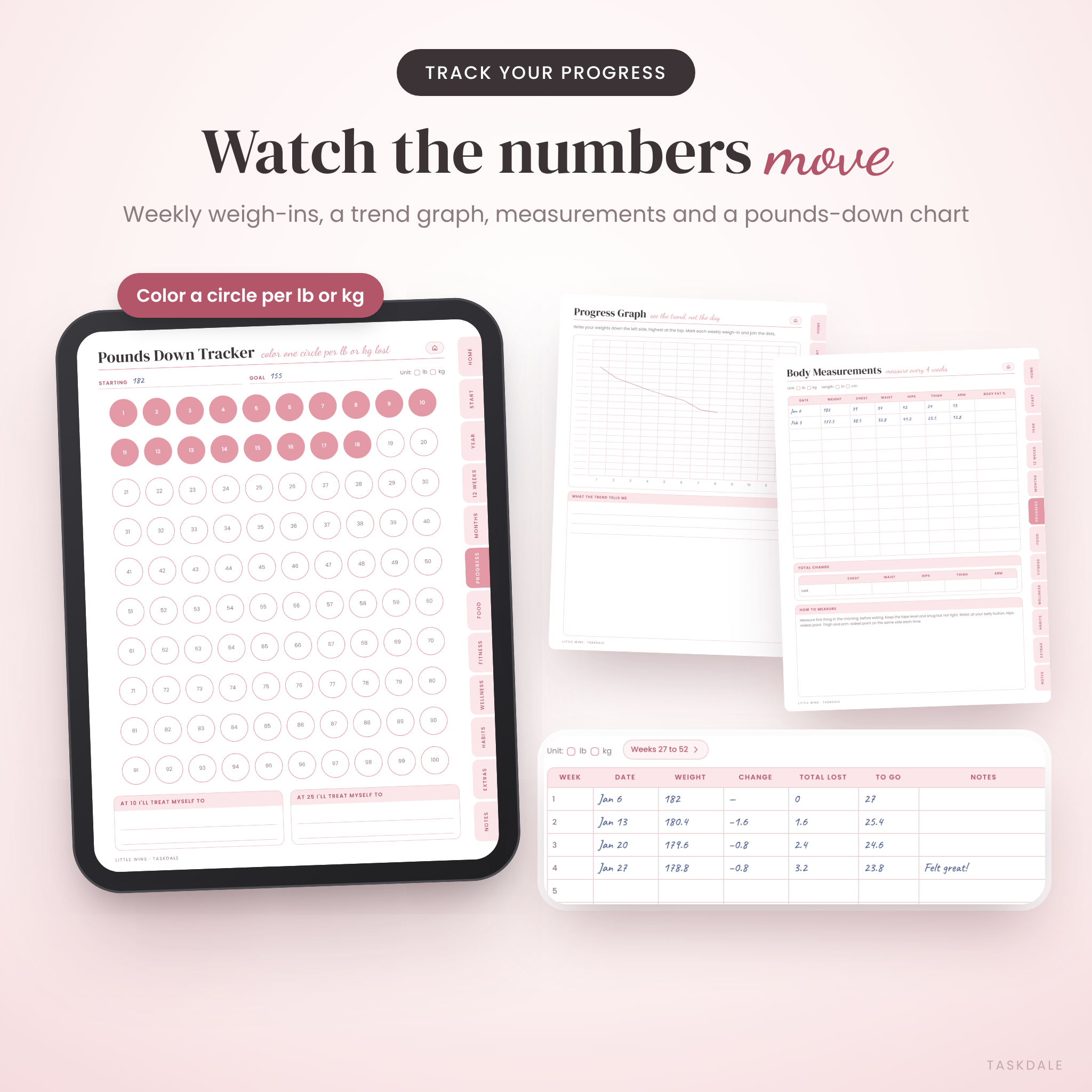 Weight loss progress tracker, pounds down chart and body measurements pages
