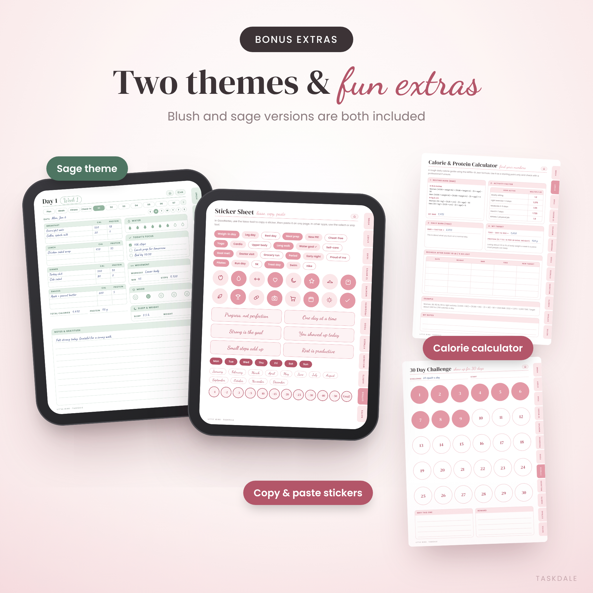 Sage theme, sticker sheet and calorie calculator in the fitness journal