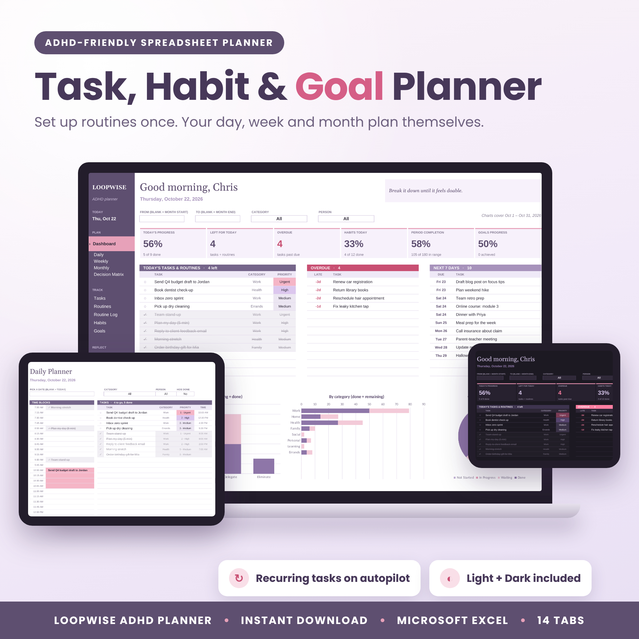 ADHD planner spreadsheet for Excel with dashboard, daily planner and dark mode