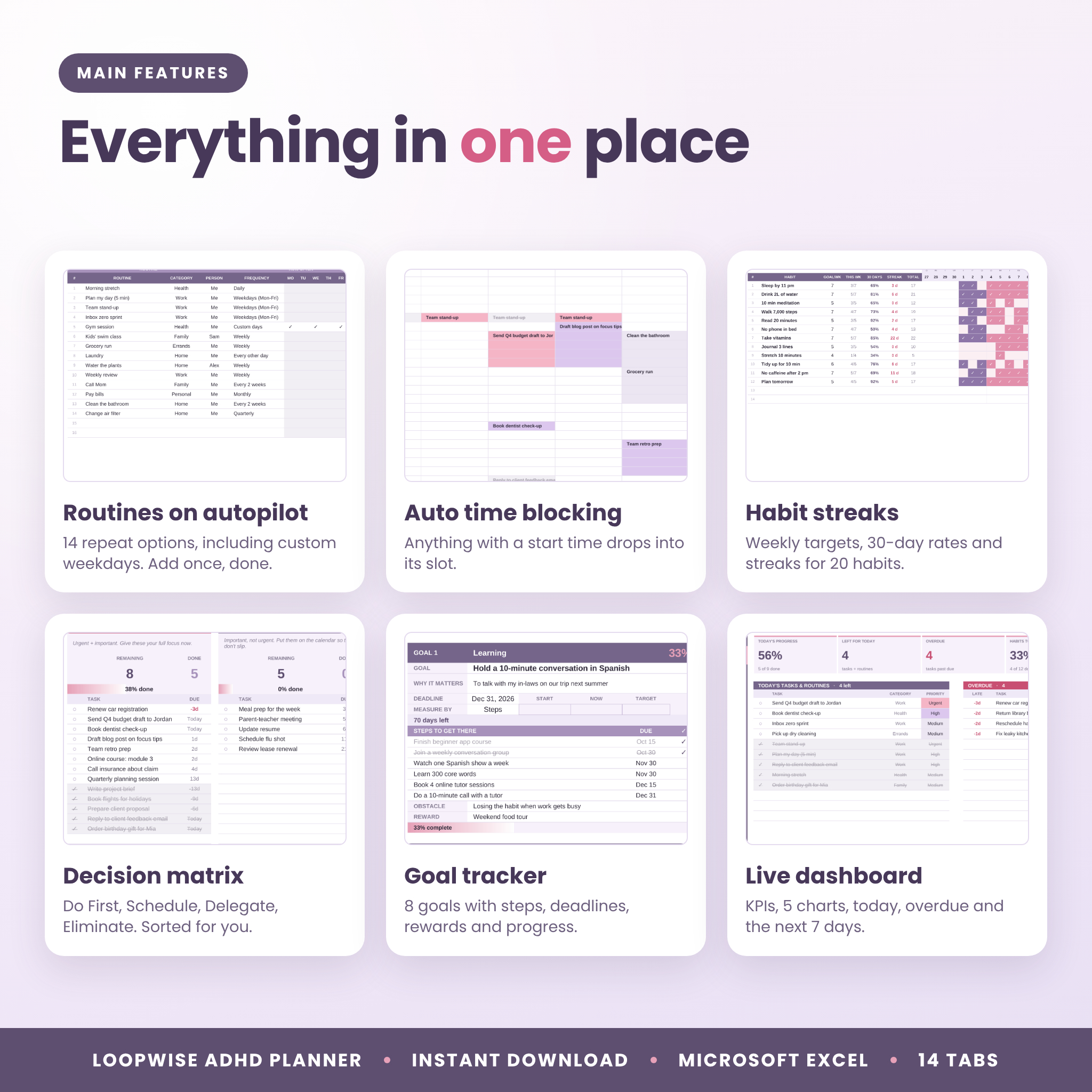 ADHD planner spreadsheet features: routines, time blocking, habit streaks, decision matrix, goals