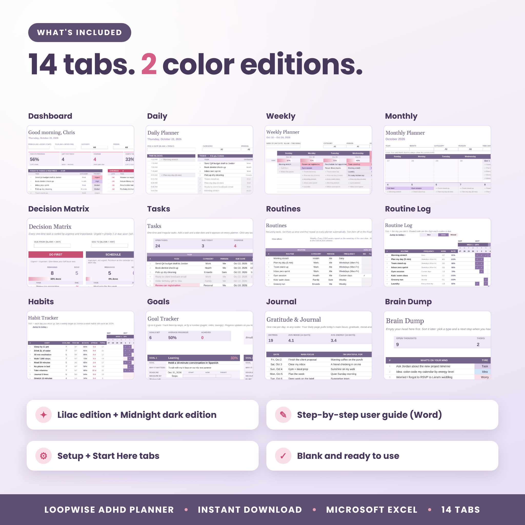 What's included in the ADHD planner spreadsheet: 14 tabs and 2 color editions