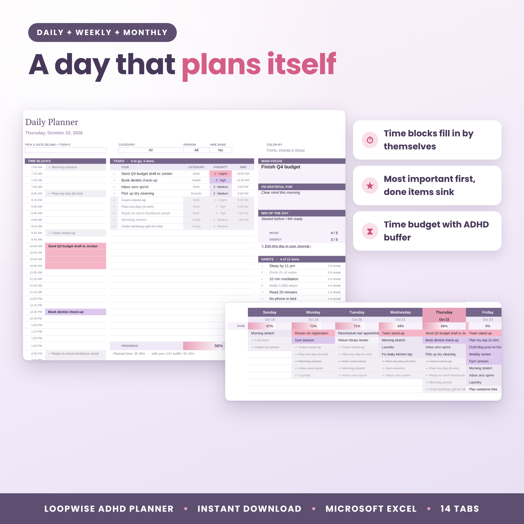 Daily and weekly planner spreadsheet with automatic time blocking