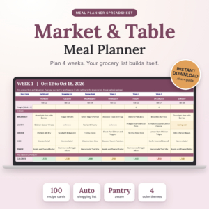 Market & Table Meal Planner spreadsheet with weekly planner on a laptop