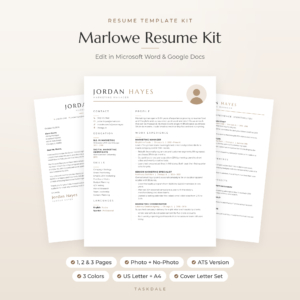 Marlowe Resume Template for Word & Google Docs | Minimalist Resume with Photo, Cover Letter & References | 1, 2 & 3 Page CV | ATS Resume | US Letter & A4