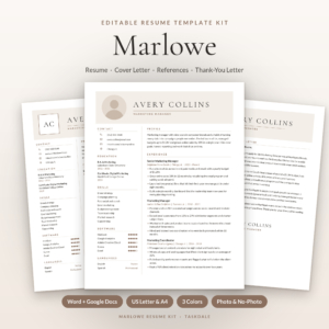 Marlowe Resume Template Kit for Word & Google Docs | Resume, Cover Letter, References & ATS Resume, 1 to 3 Pages