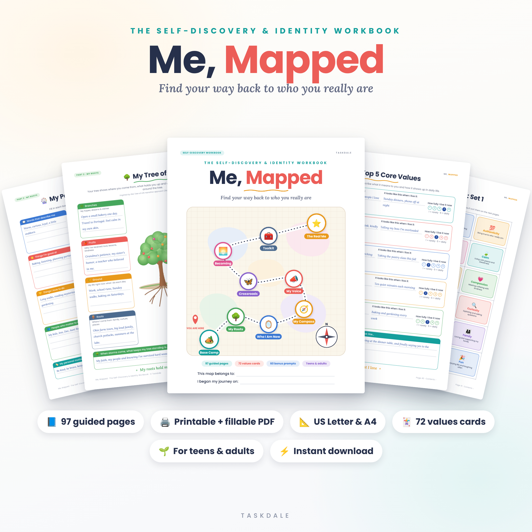 Me, Mapped self-discovery workbook for adults and teens, printable and fillable PDF