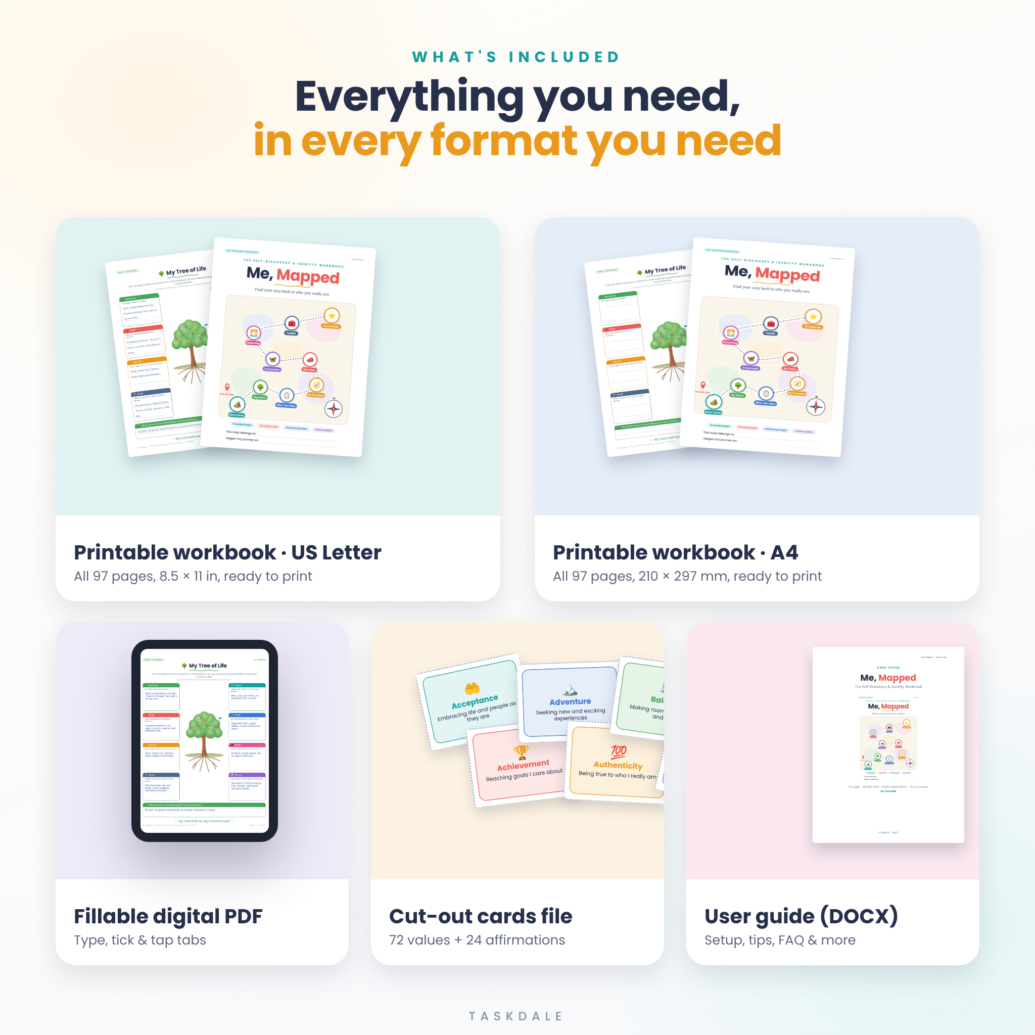 Files included: US Letter and A4 printable workbook, fillable digital PDF, cut-out cards and user guide