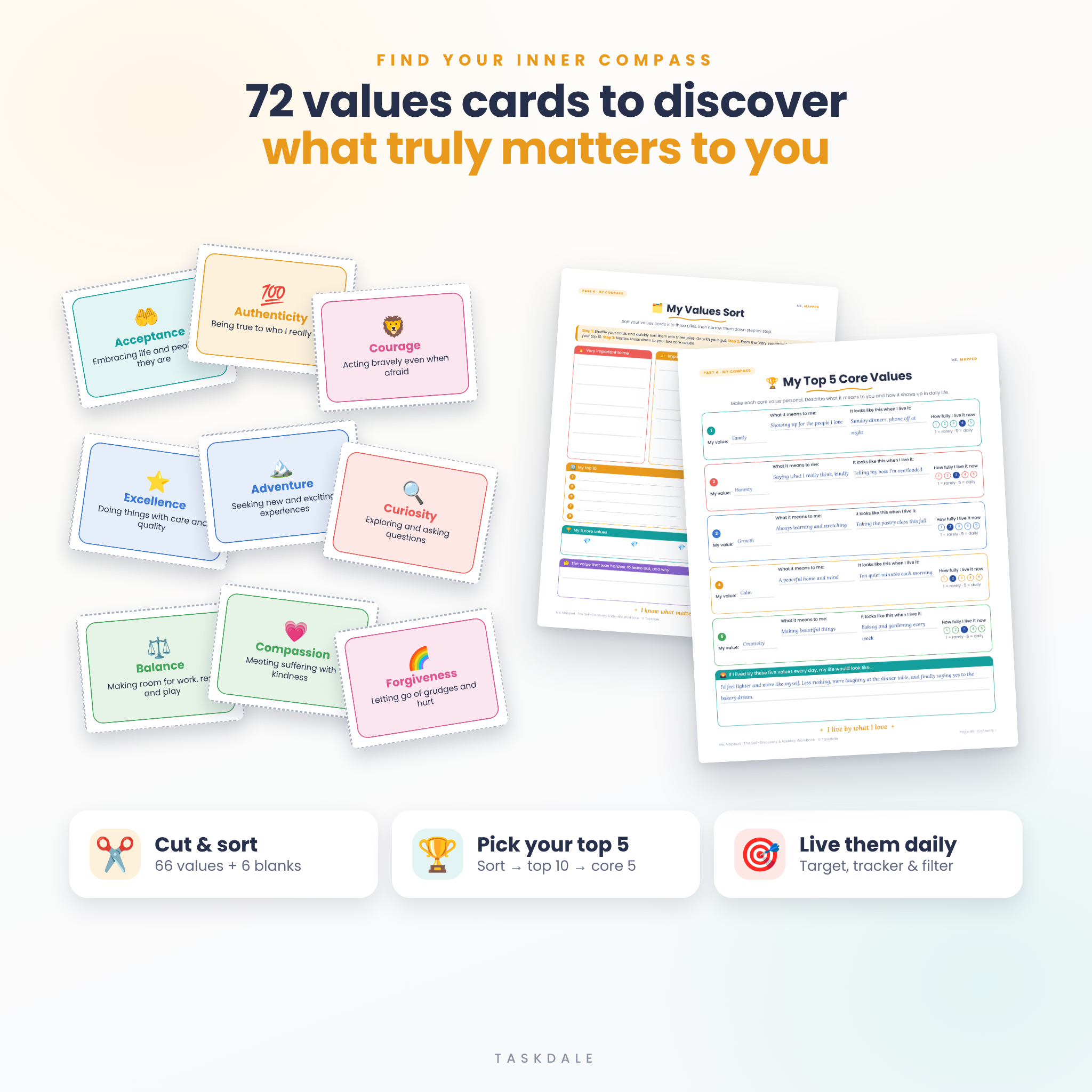72 core values cards with values sort and top 5 core values worksheet
